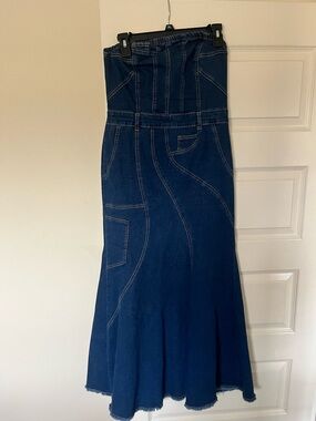 Dark Blue Strapless Denim Maxi Skirt
